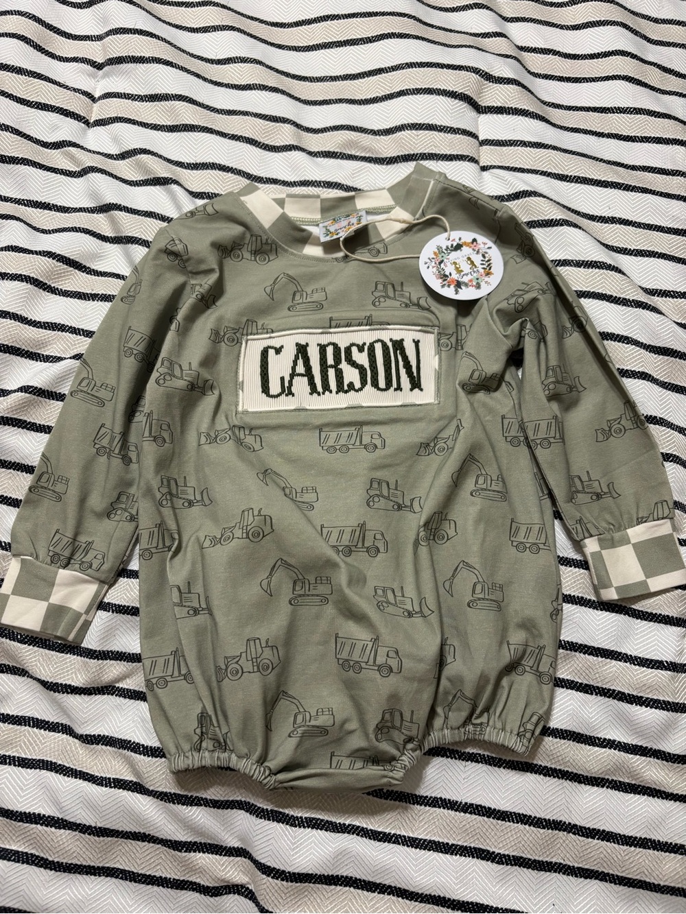 Personalized 'Carson' Olive Green Smock Bubble Romper